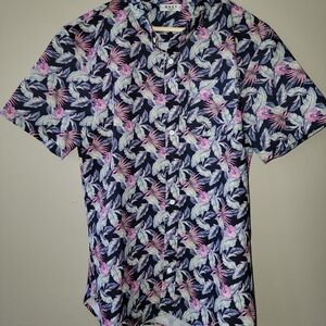 Men's Tropical Leaf Print Shirt - Navy and Pink